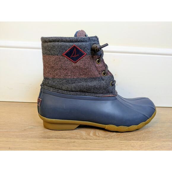 Sperry Topsider Saltwater Varsity Duck Boot 8.5 Navy Wine Stripe Wool Rubber - Picture 4 of 12